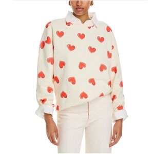 KULE Oversized Cream Red Heart Sweatshirt Crewneck Pullover Size Small